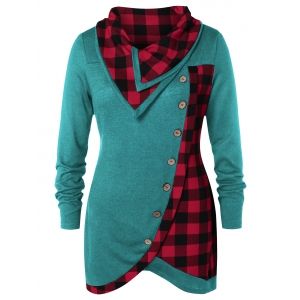 

Plus Size Skew Button Plaid Spliced Tulip Front T-shirt, Greenish blue