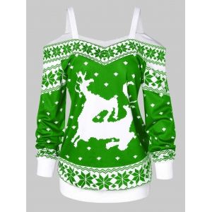 

Snowflake Pattern Print Cold Shoulder Christmas T-shirt, Clover green
