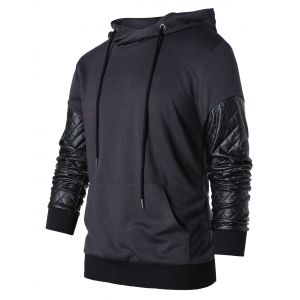 

PU Leather Panel Drawstring Hoodie, Light gray