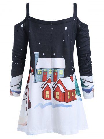 

Cold Shoulder Christmas Snowman Print Blouse, Black