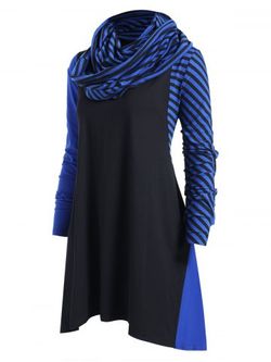 Plus Size Striped Panel Asymmetrical Dress with Scarf - BLACK - 1X