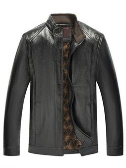 Stand Collar Zip Fly PU Leather Jacket - BLACK - M
