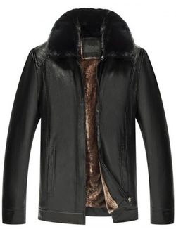 Zip Fly Fur Turn-down Collar PU Leather Jacket - BLACK - XS