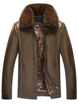 Zip Fly Fur Turn-down Collar PU chaqueta de cuero - COFFEE - S