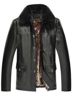 Fur Collar Fleece Button Fly PU Leather Jacket - BLACK - XS