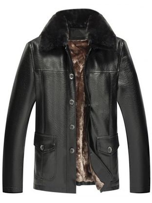 Fur Collar Fleece Button Fly PU Leather Jacket