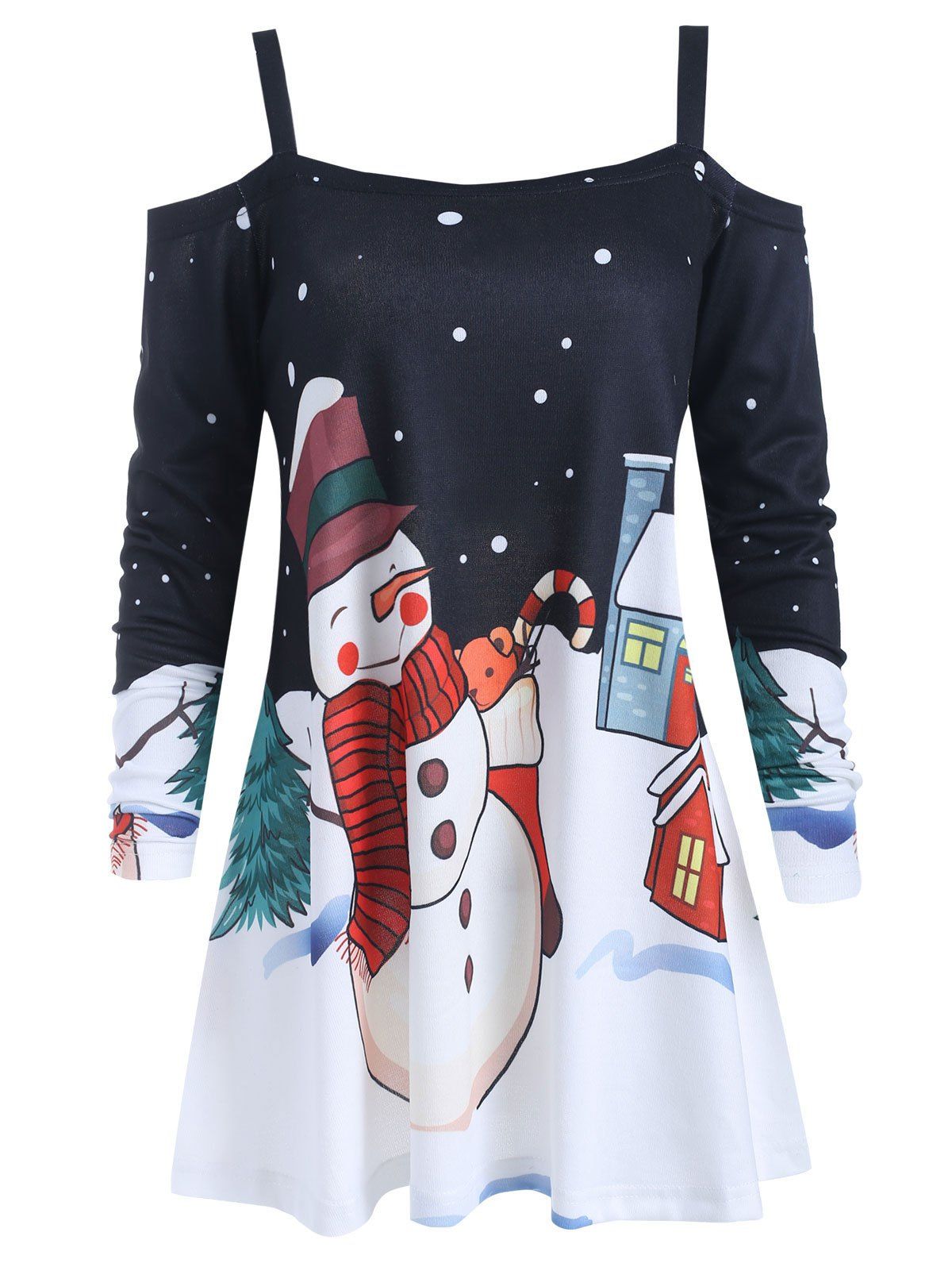 Cold Shoulder Christmas Snowman Print Blouse