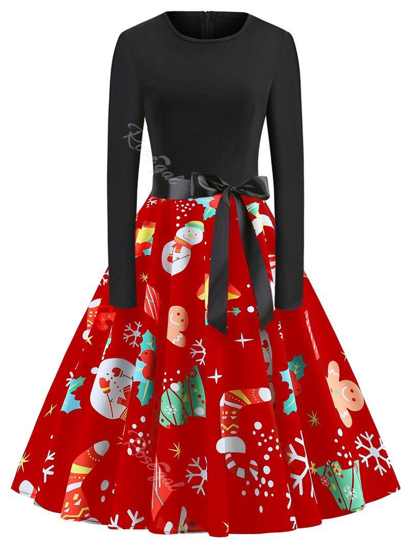 

Plus Size Vintage Long Sleeves Christmas Graphic Dress, Red