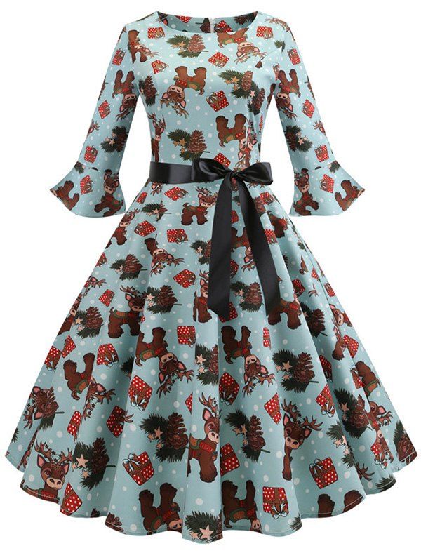 

Christmas Elk Print Flare Sleeve Dress, Multi