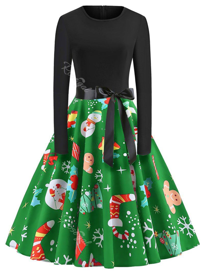 

Plus Size Vintage Long Sleeves Christmas Graphic Dress, Green