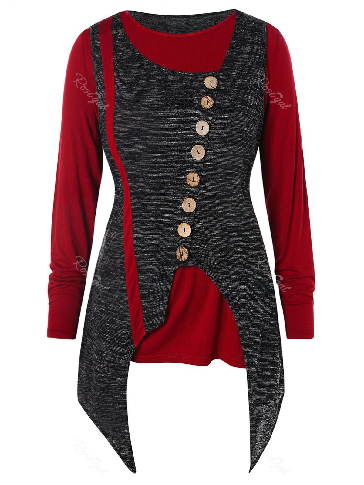 

Asymmetric Color Block Buttoned Plus Size T-shirt, Multi