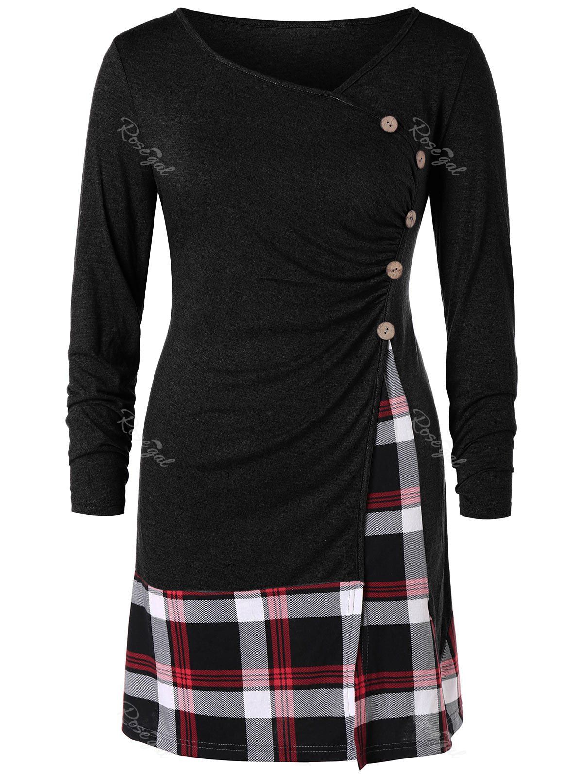 

Plus Size Buttons Plaid Long Tunic T-shirt, Black