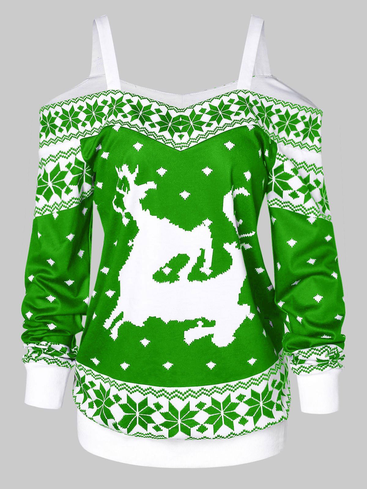 

Snowflake Pattern Print Cold Shoulder Christmas T-shirt, Clover green