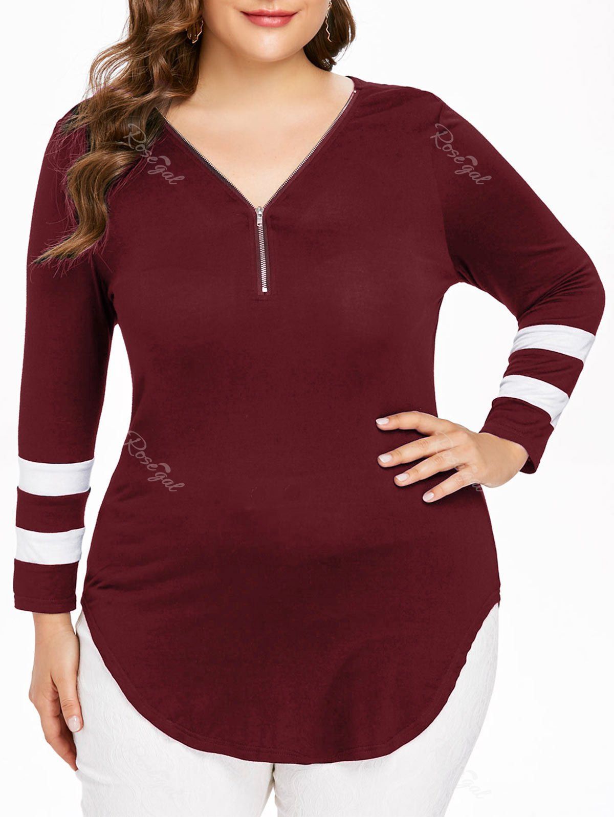 

Plus Size Zip V Neck Curvy T-shirt, Red wine