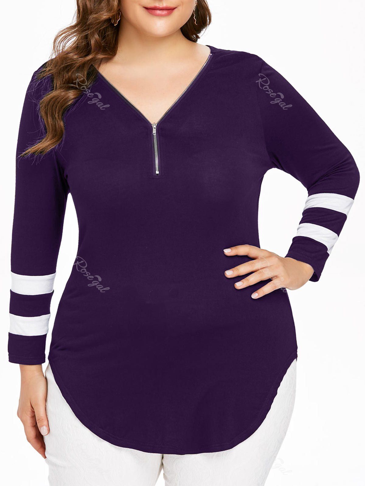 

Plus Size Zip V Neck Curvy T-shirt, Purple iris