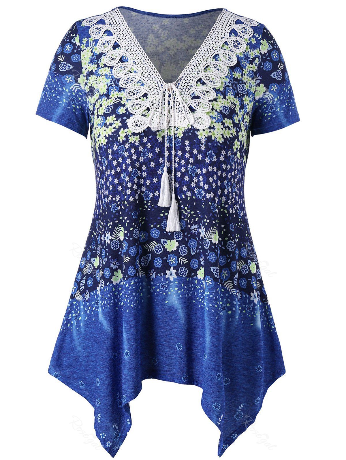 

Plus Size Tiny Floral V Neck T-shirt, Blue