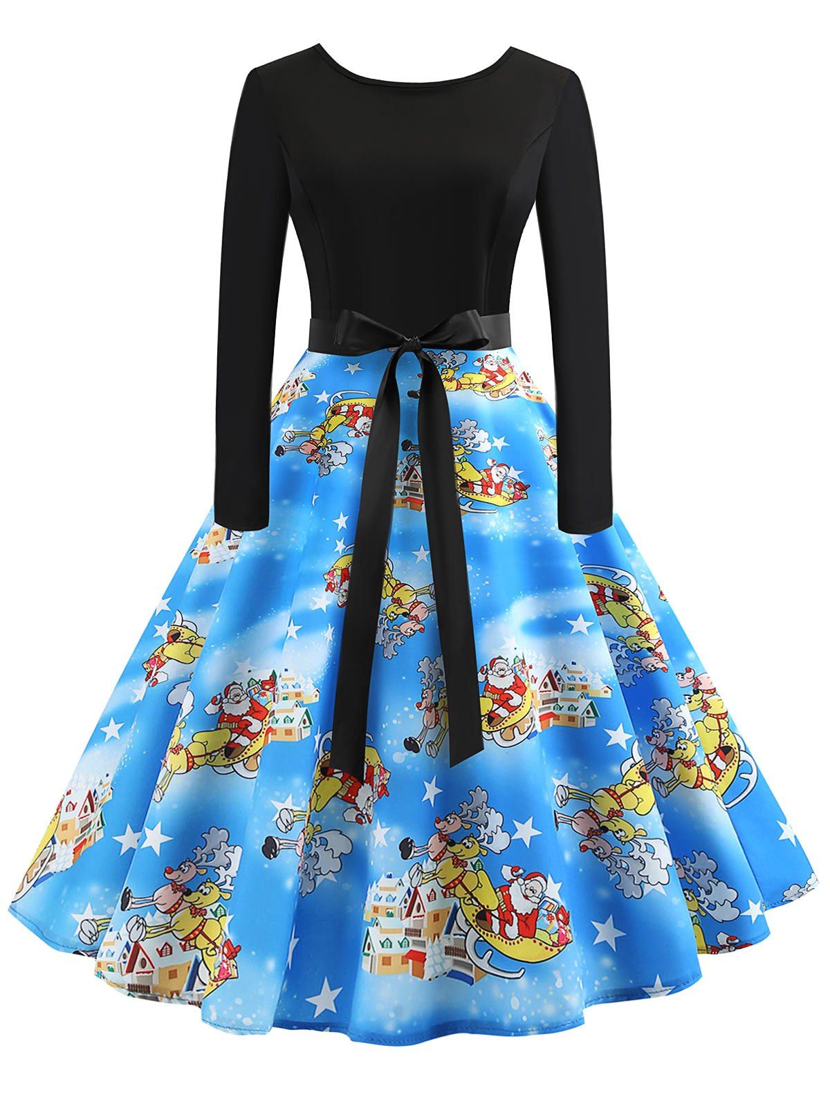 

Vintage Long Sleeves Printed Pin Up Dress, Multi-b