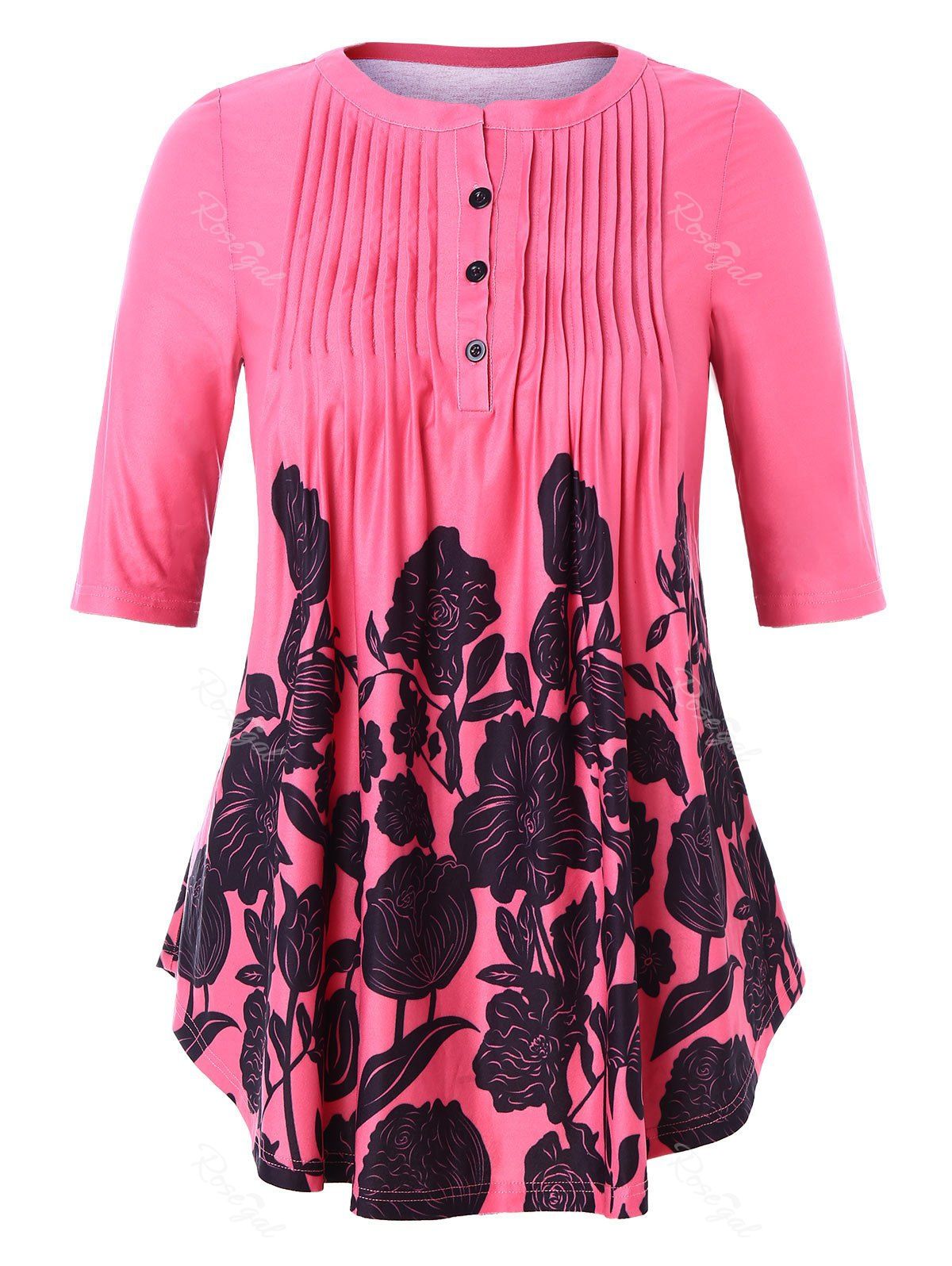 

Plus Size Floral Buttoned Draped Blouse, Deep pink