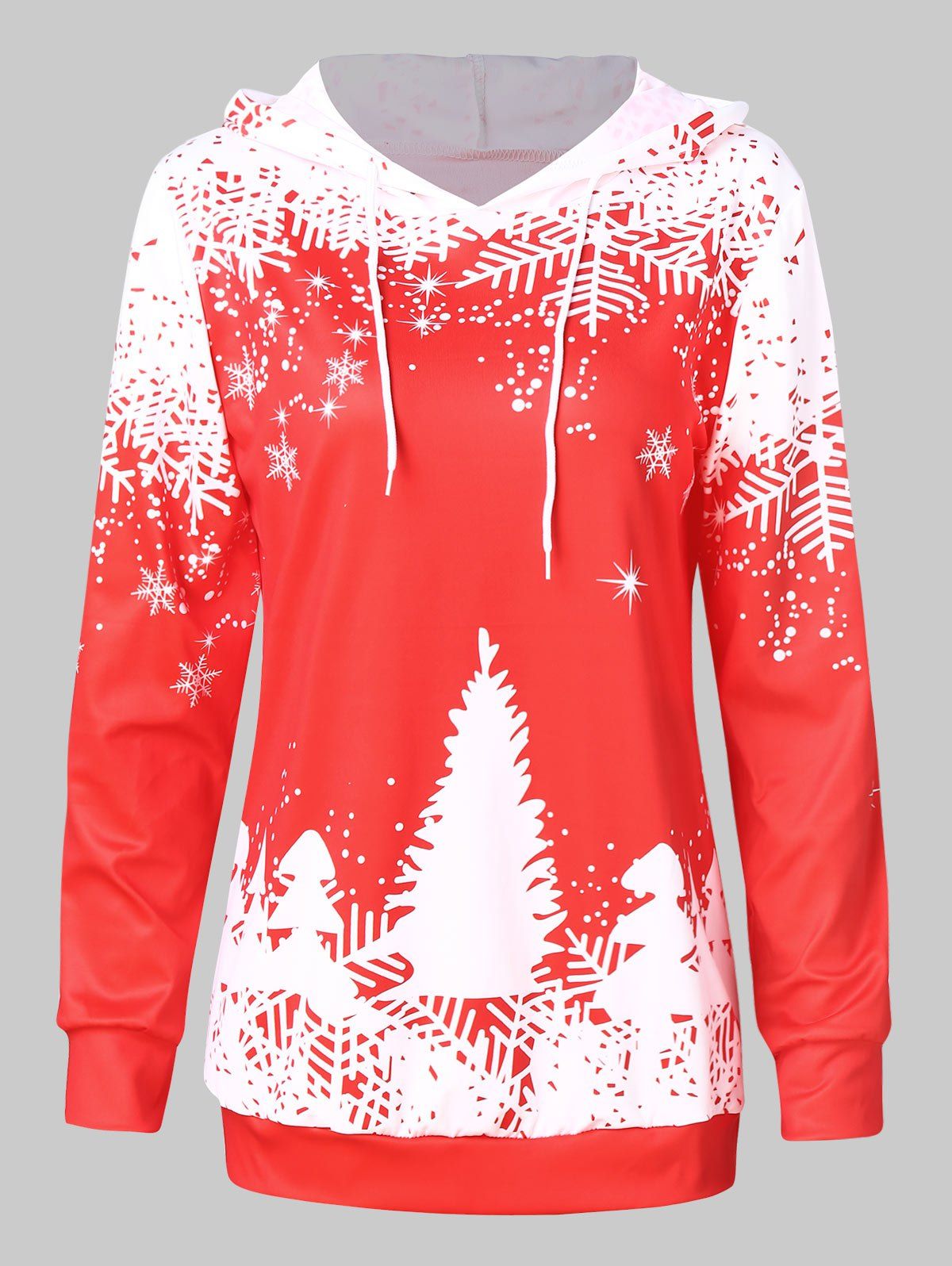 

Contrast Christmas Tree Print Drawstring Hoodie, Red