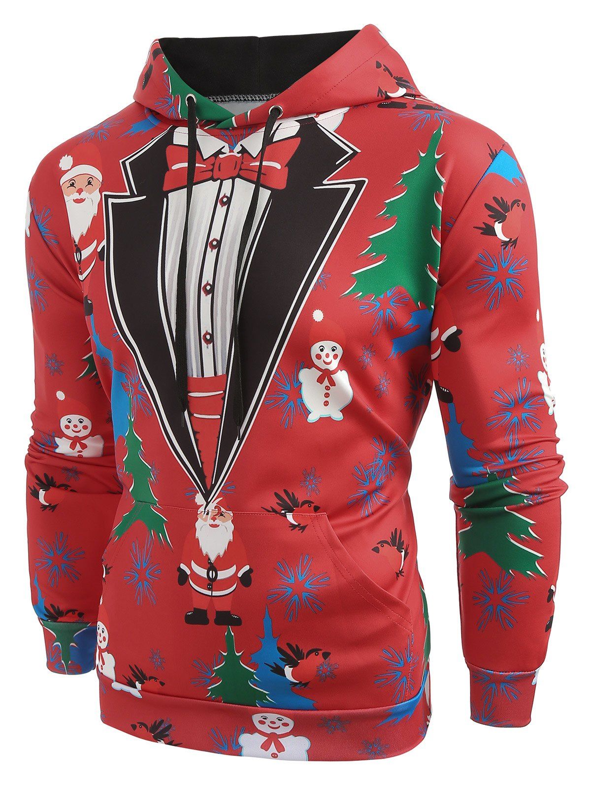 

Christmas Tree Santa Printed Drawstring Hoodie, Red