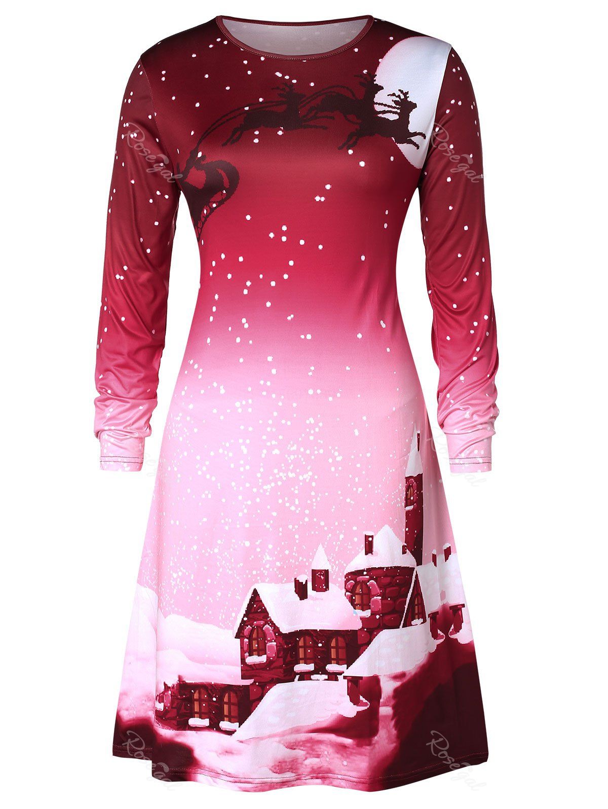 

Christmas Plus Size Snowflake House Print Swing Dress, Chestnut red