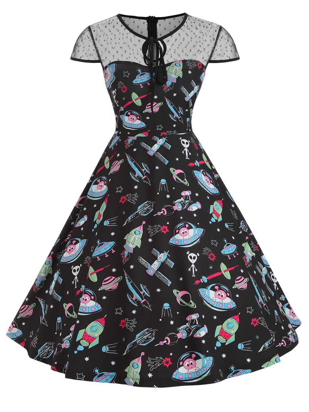 

Cartoon Print Mesh Insert Keyhole Dress, Black