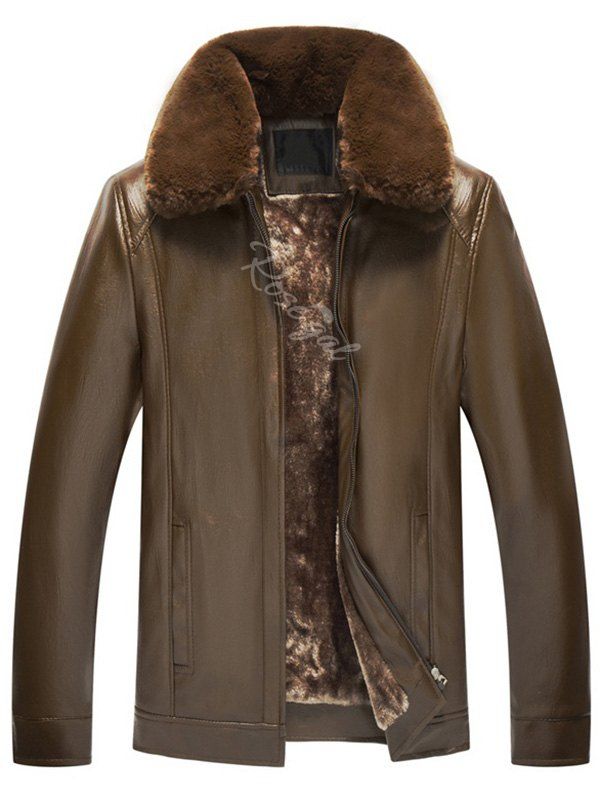 Best Zip Fly Fur Turn-down Collar PU Leather Jacket  