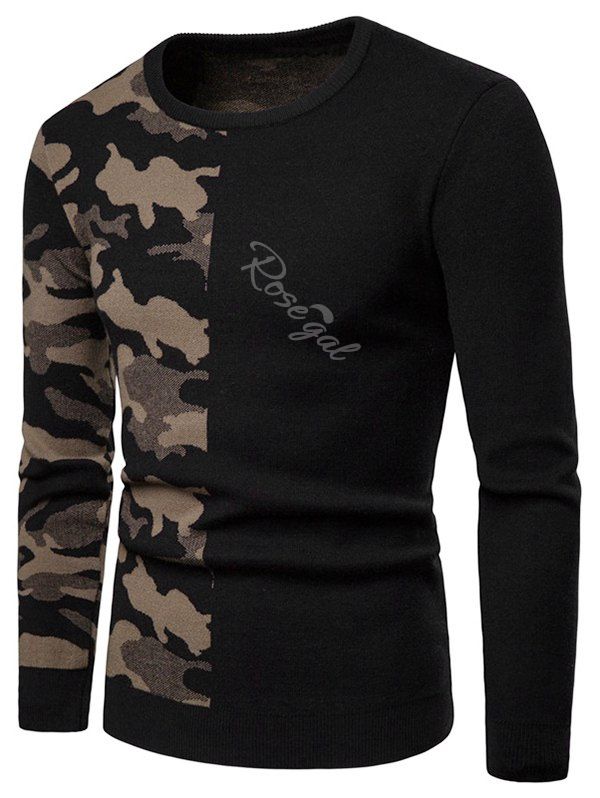 

Camouflage Pattern Contract Color Pullover Sweater, Light khaki