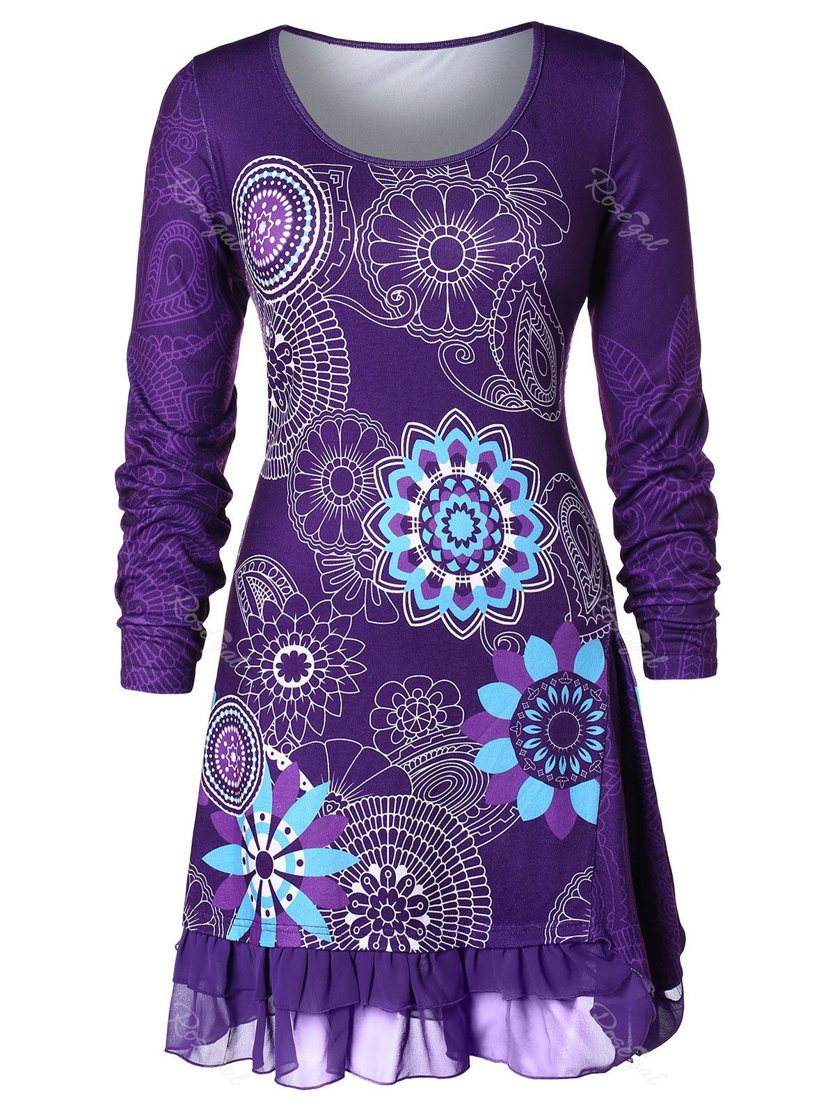 

Plus Size Ethnic Print Flounce Long Tunic T-shirt, Purple iris