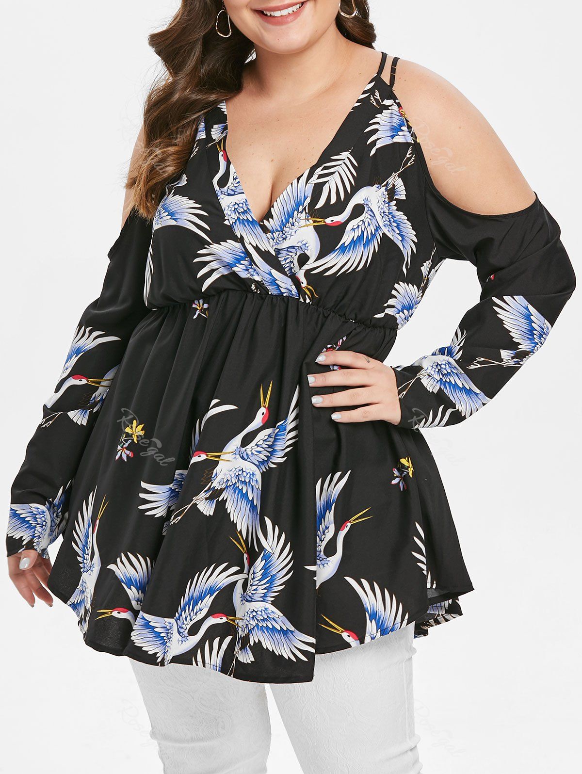 

Plus Size Crane Print Surplice Tunic Top, Black