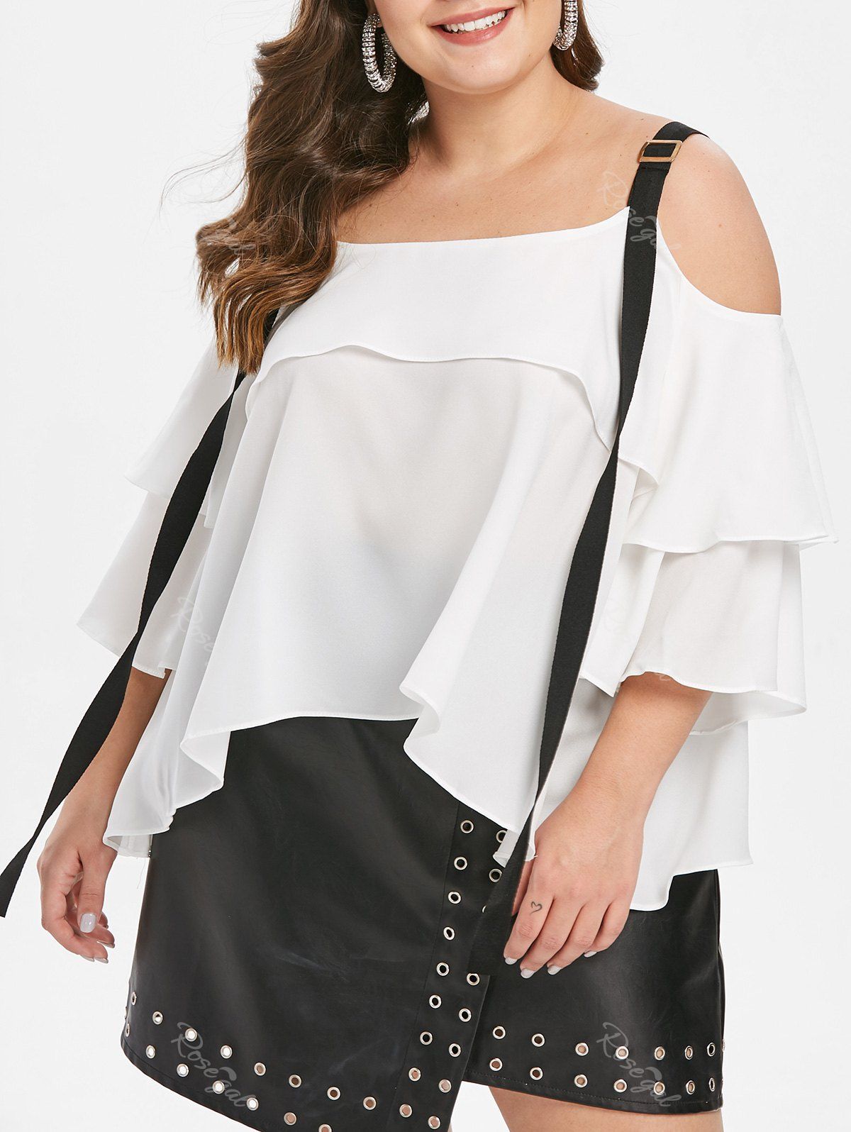 

Plus Size Cold Shoulder Flounce Contrast Blouse, White