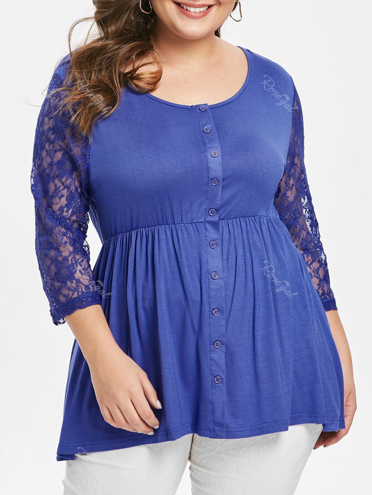 

Scoop Neck Plus Size Lace Sleeve T-shirt, Blue