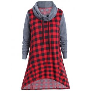 

Cowl Neck Plaid Print T-shirt, Ash gray