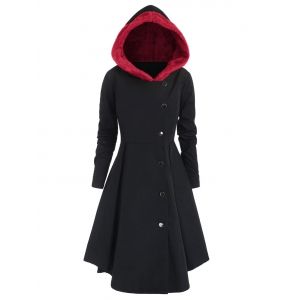 

Plus Size Contrast Asymmetric Hooded Skirted Trench Coat, Red