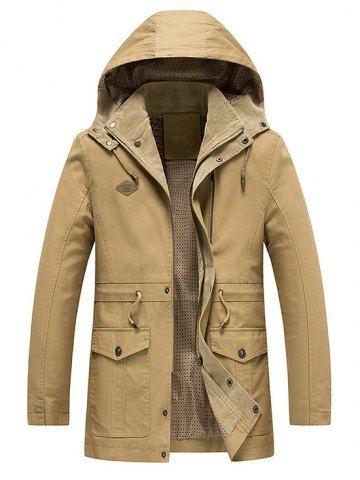 Draw String Waist Zip Fly Hooded Jacket - KHAKI - XS