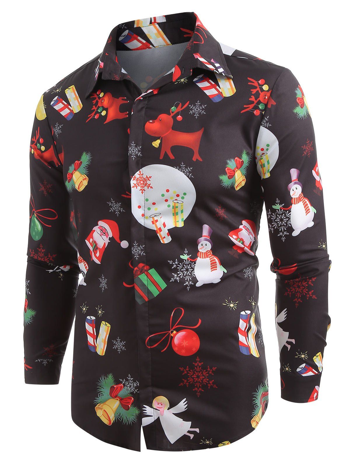 

Christmas Theme Printed Long Sleeve Shirt, Black