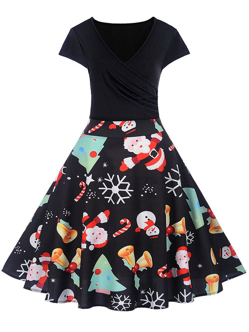 

Christmas Print V Neck A Line Dress, Black
