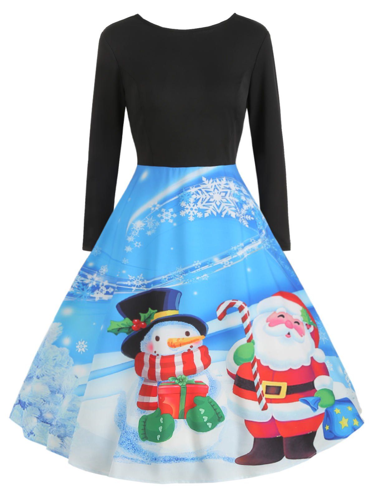 

Christmas Print Long Sleeve Vintage Dress, Black