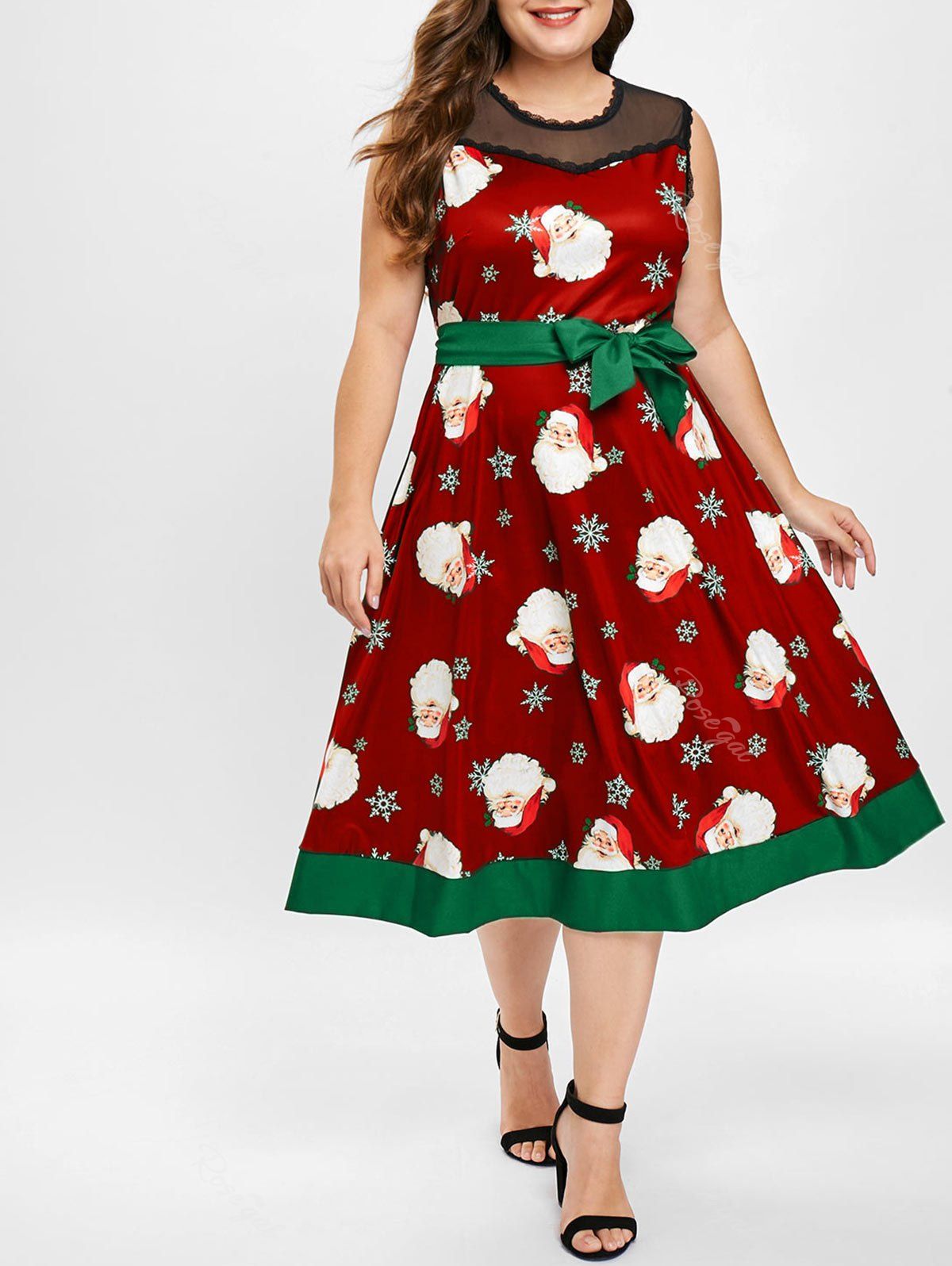 

Christmas Santa Print Sleeveless Plus Size Dress, Red