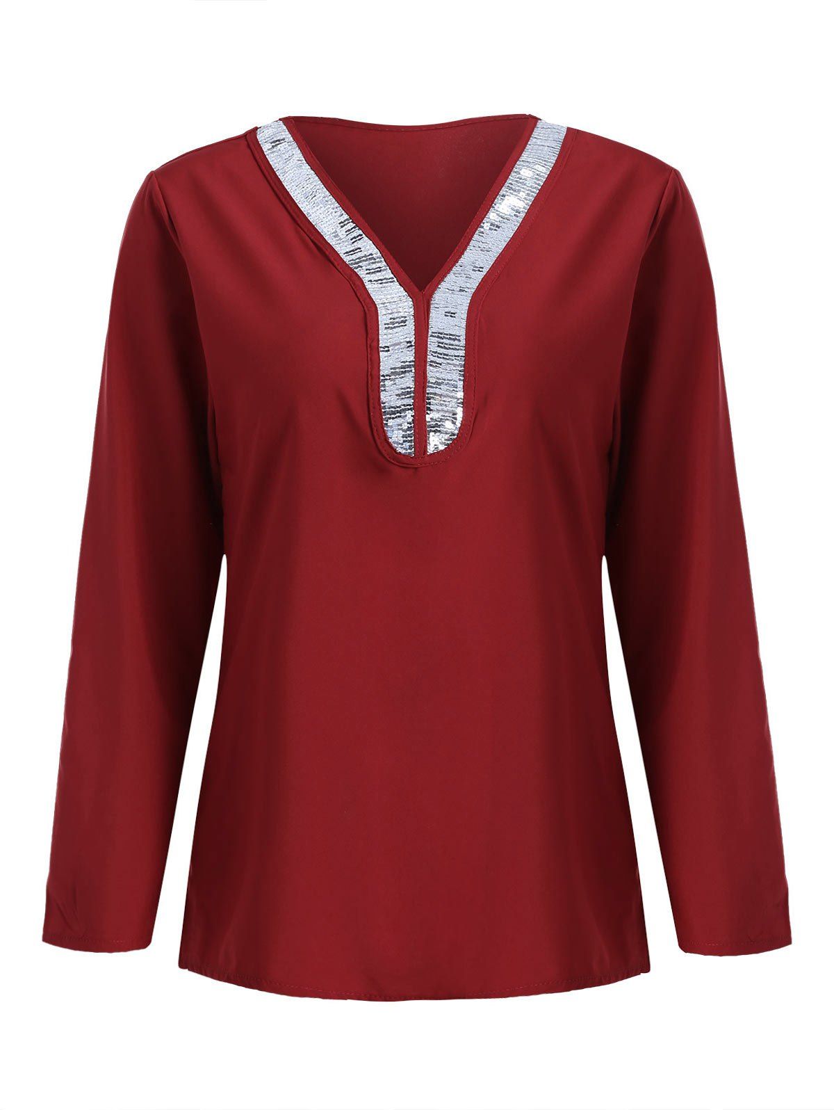 

Sequin Panel V Neck Top, Red wine