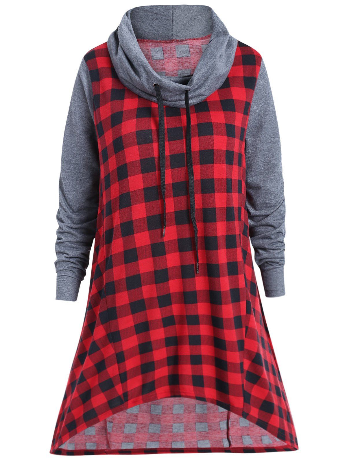 

Cowl Neck Plaid Print T-shirt, Ash gray