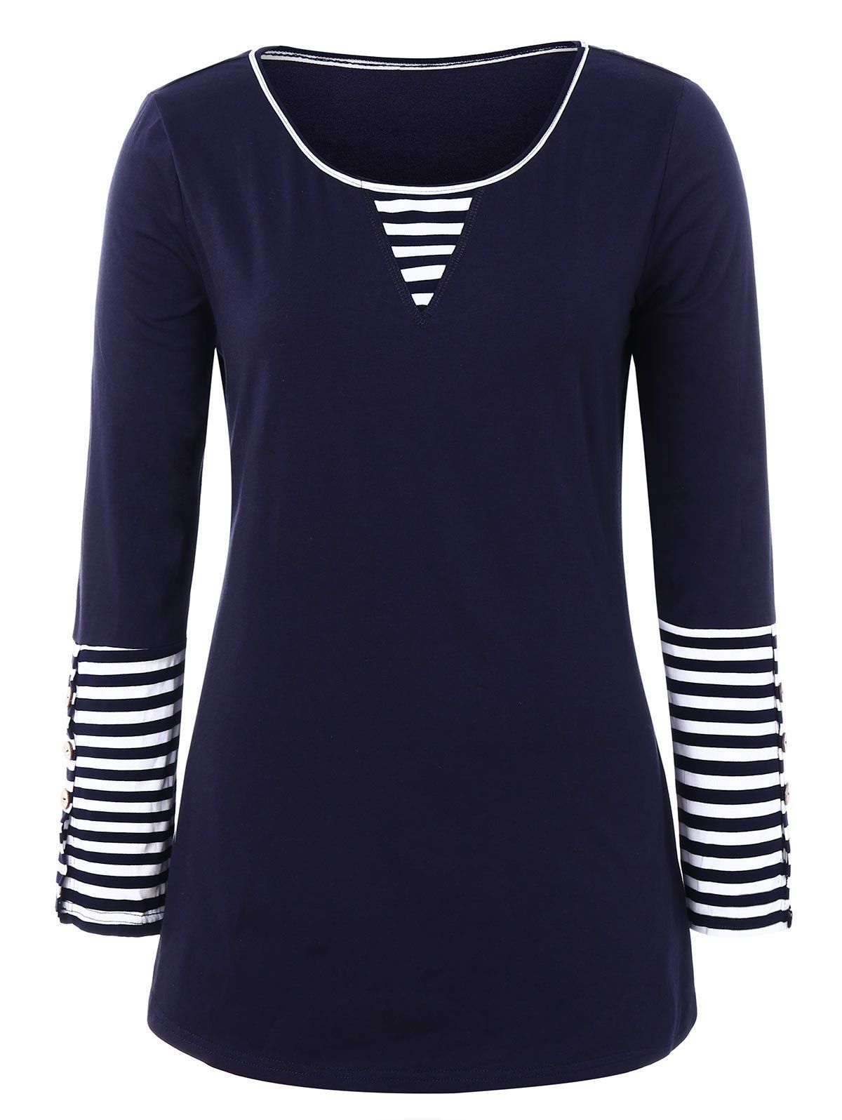 

Plus Size Buttoned Sleeve Stripe Pattern T-shirt, Midnight blue