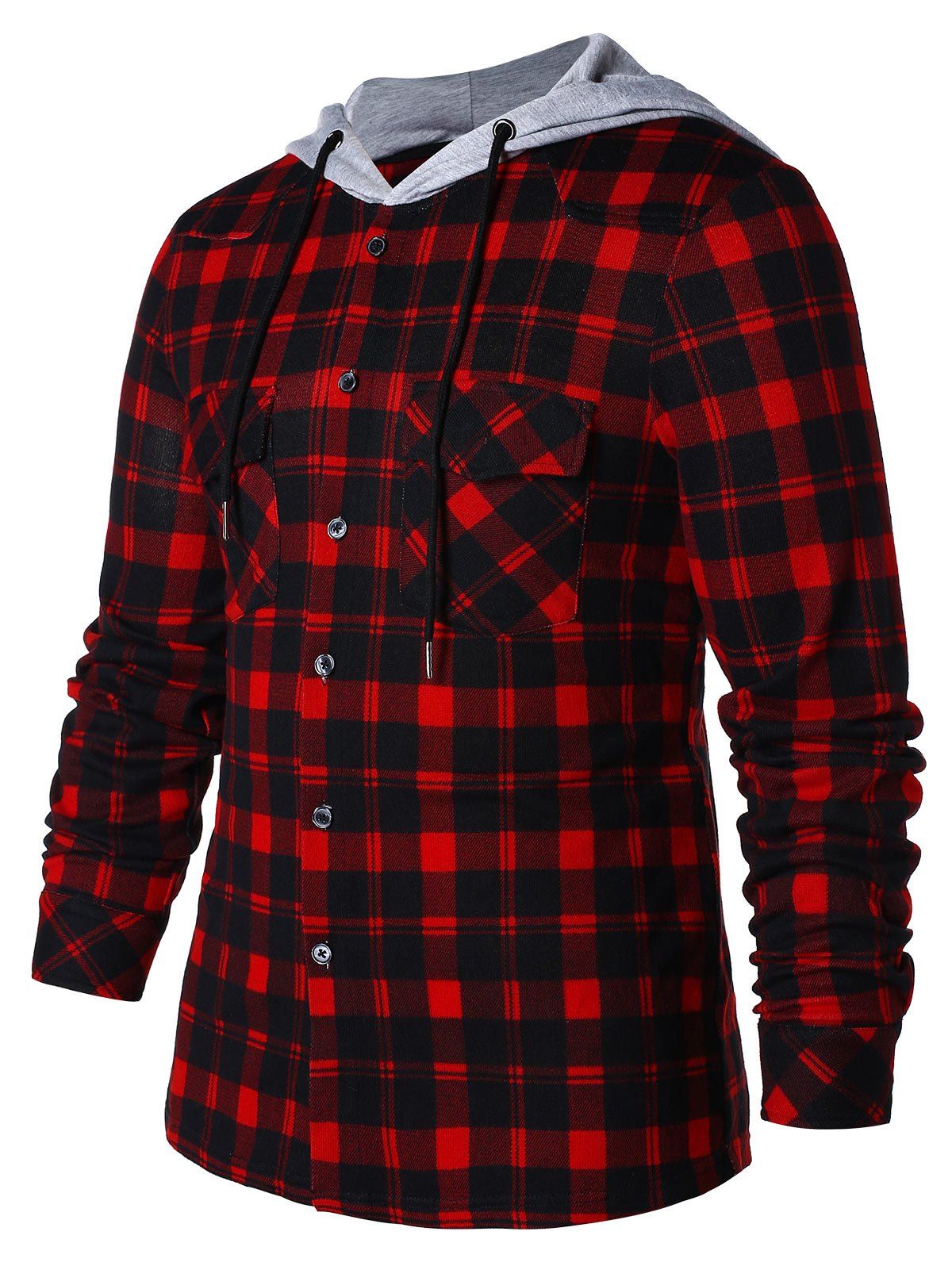 [30% OFF] Front Pocket Button Up Plaid Hoodie | Rosegal