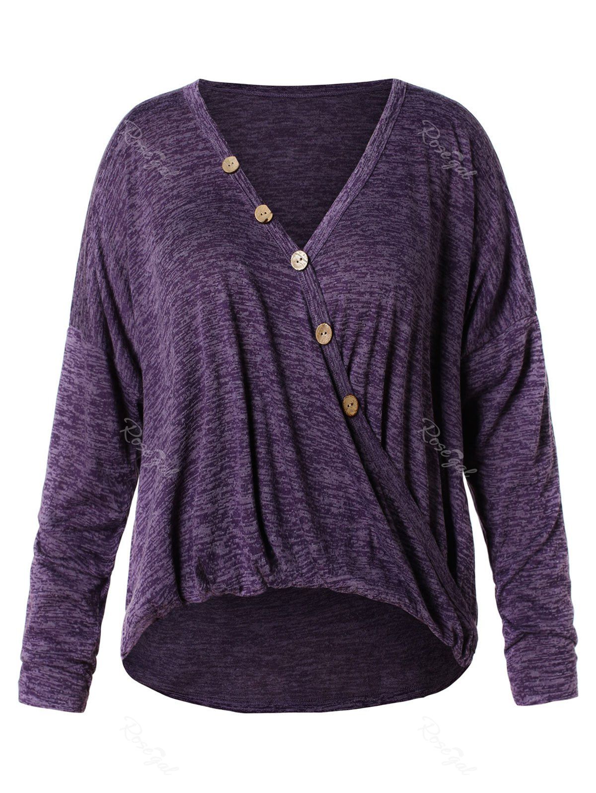 

Plus Size Buttoned Batwing Sleeve Marled Wrap T-shirt, Multi