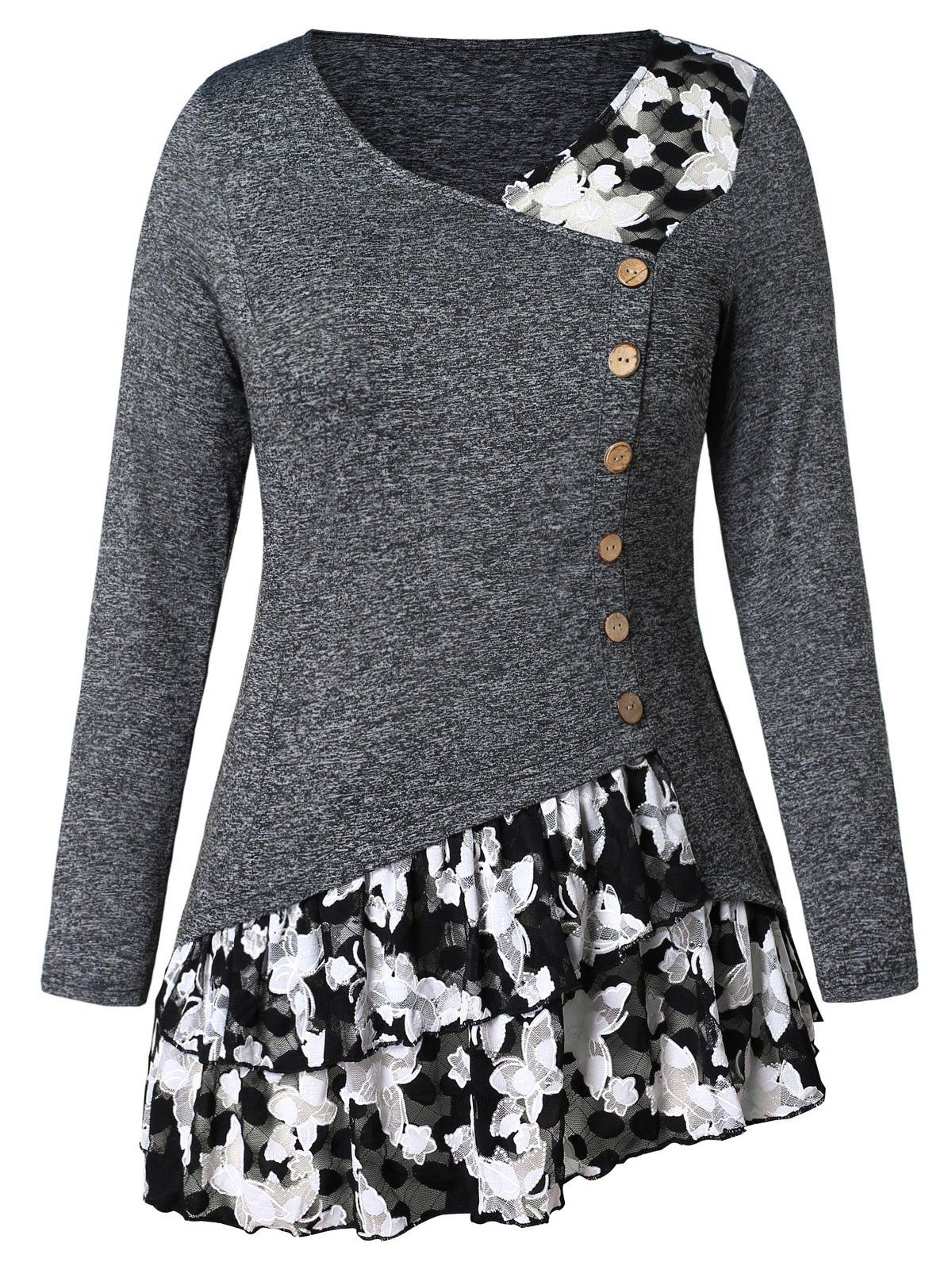 

Plus Size Buttoned Butterfly Splicing Ruffle T-shirt, Multi-a