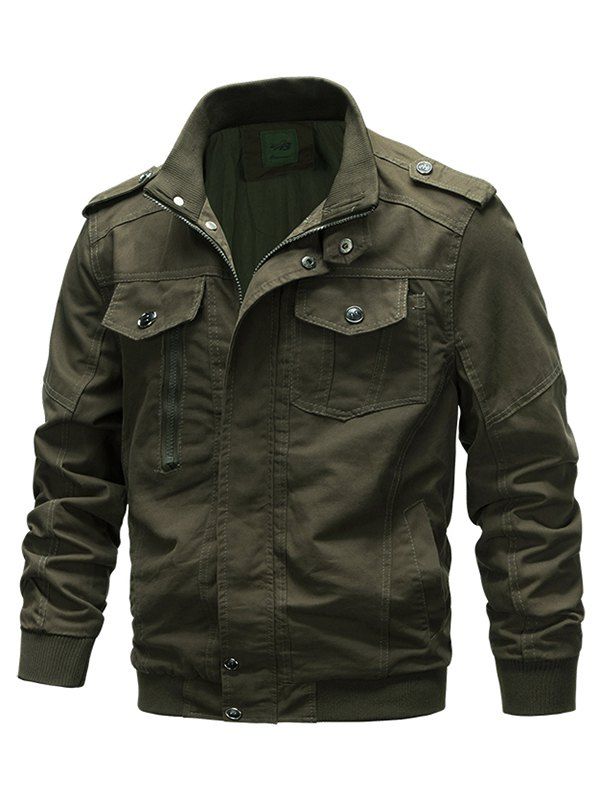 

Front Pocket Stand Collar Zipper Military Jacket, Army green