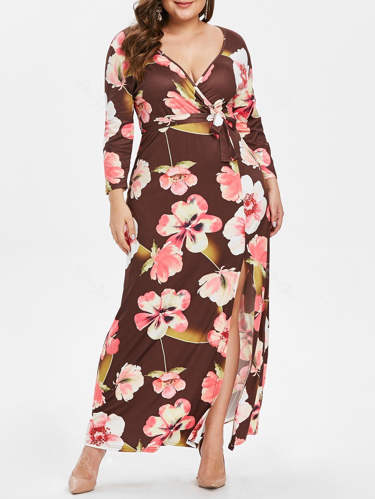 Plus Size Front Slit Floral Print Maxi Dress With Belt [35 Off] Rosegal