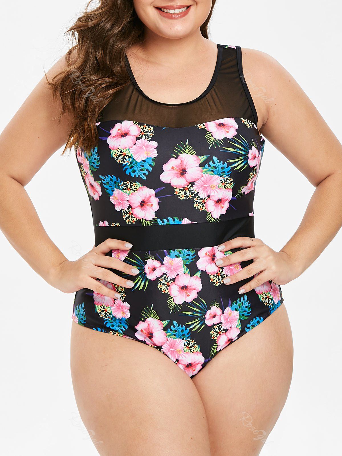 

Back Lace Up Plus Size Floral Print Swimwear, Multi