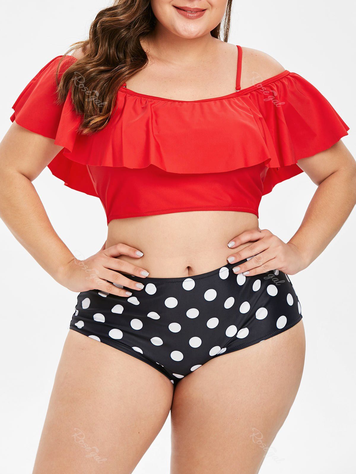 

Ruffle and Polka Dot Plus Size Bikini Set, Red