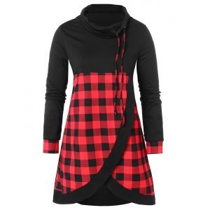 

Drawstring Plus Size Plaid Panel Sweatshirt, Black